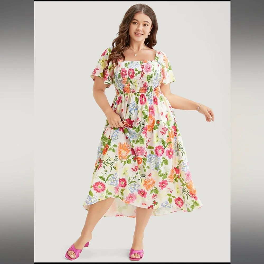 Size 18 - 20 • 2x • BloomChic • Floral Shirred Square Neck Pocket Ruffle Dress
